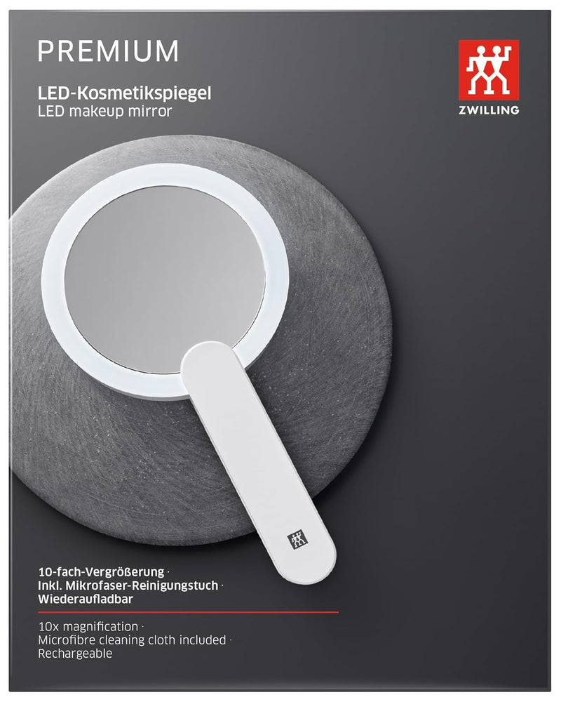 ZWILLING LED-Kosmetikspiegel 10x Vergrösserung, Wiederaufladbar, 360° drehbarer Griff, Weiss