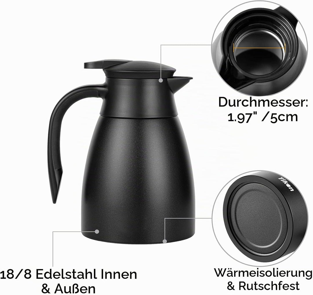 Tiken 1L Thermoskanne Edelstahl Doppelwandige Vakuumisolierung Isolierkanne Kaffeekanne Schwarz Schw