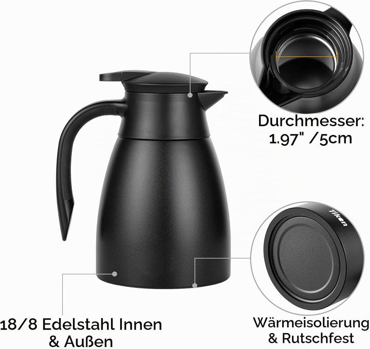Tiken 1L Thermoskanne Edelstahl Doppelwandige Vakuumisolierung Isolierkanne Kaffeekanne Schwarz Schw