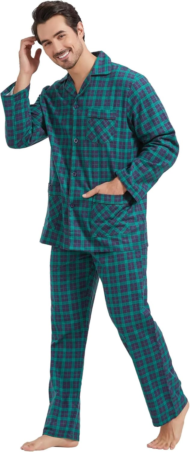 Amaxer Flanell Schlafanzug Herren 100% Baumwolle Pyjama mit Knopfleiste Set Lang Warmer Winter Schla