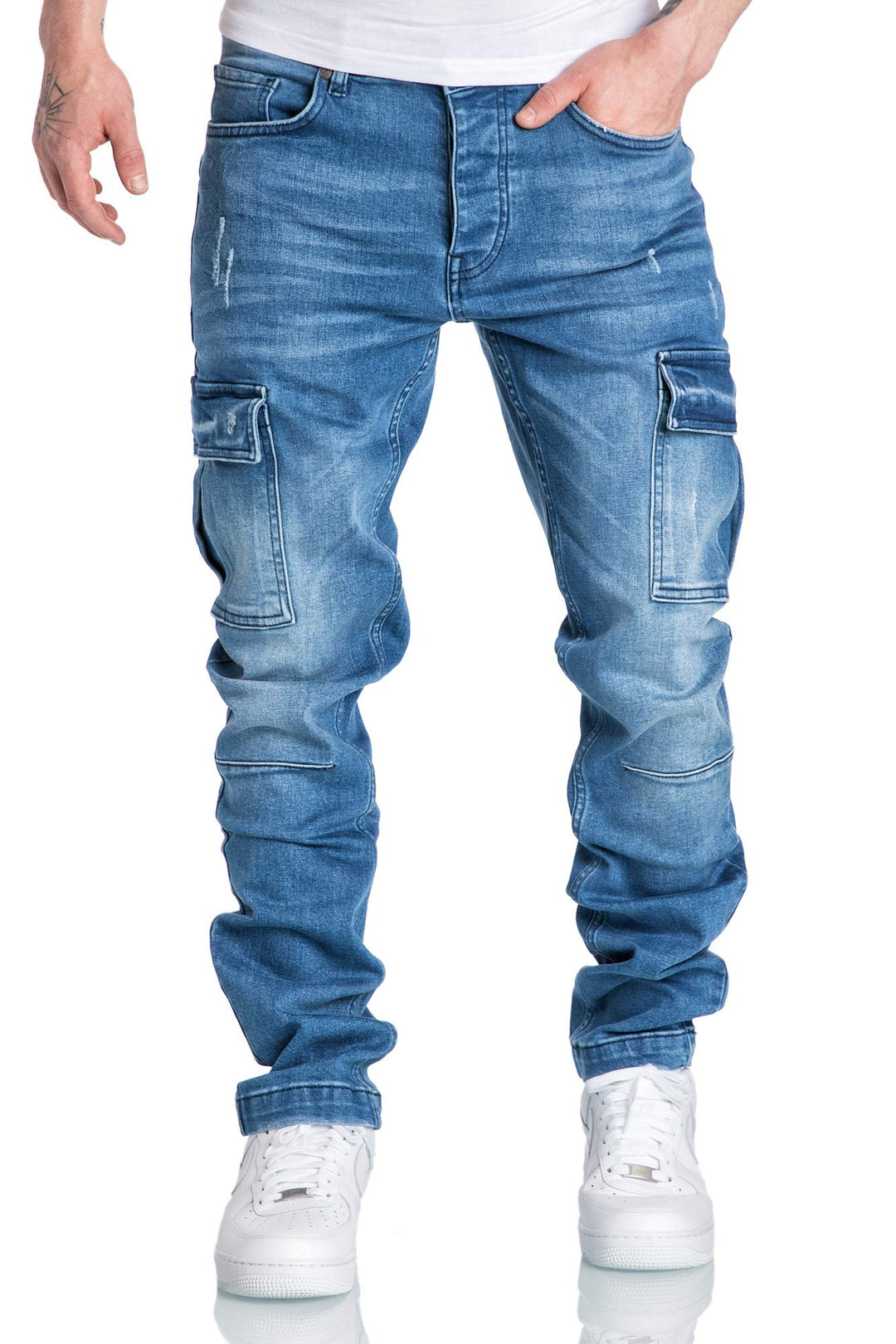 Amaci&Sons Herren Cargo Jeans Regular Slim Denim Hose Destroyed 7985 32W / 30L Hellblau, 32W / 30L H