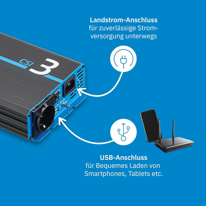 ECTIVE Reiner Sinsus Wechselrichter CSI 3-300W, 12V auf 230V, USB, USV Funktion, Überhitzungsschutz,