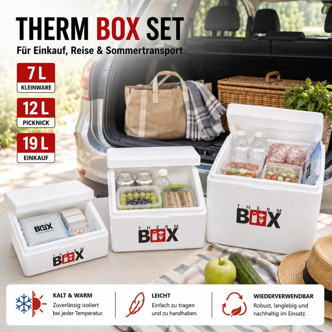 THERM BOX 3er Set Styroporbox 7W 12W 19W Innen L33,5 x B23,5 cm Innenhöhen 9/15/27 cm Wandstärke 3 c