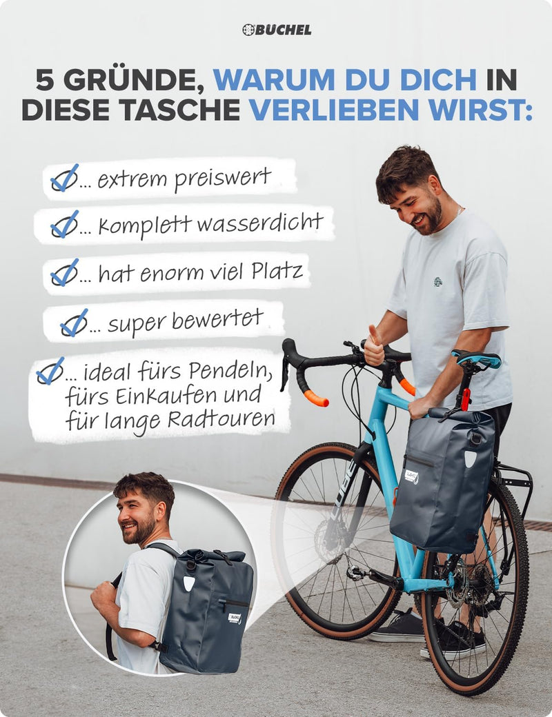 Büchel 3in1 Fahrradtasche für Gepäckträger, nutzbar als Rucksack, Umhängetasche oder Gepäckträgertas