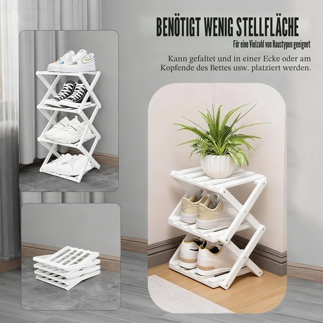 Kleines Schuhregal, weiss, 3 Etagen, Bambus, faltbar, Schuh-Organizer, freistehendes Regal für Einga