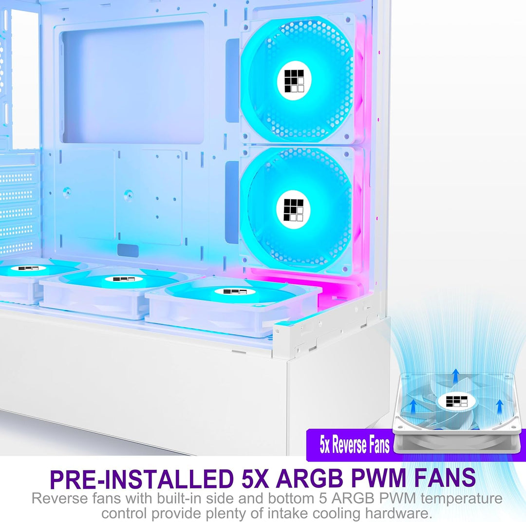 FOIFKIN PC Gehäuse - Vorinstallierter 5 PWM ARGB-Lüfter, ATX Mid-Tower Gaming PC Gehäuse, 270° Panor