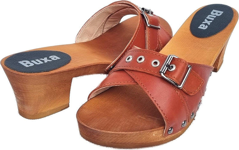 Generisch Elegante Holz Clogs Pantolette - Gr.36, 37, 38, 39, 40, 41 *Lila oder Orange* Echt Leder S