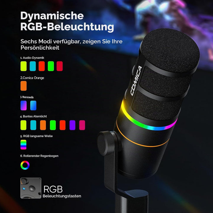 COMICA EJoy D10 Pro Mikrofon Cardioid Dynamisches USB-C/XLR Mikrofon mit 48kHz/24bit, RGB-Beleuchtun