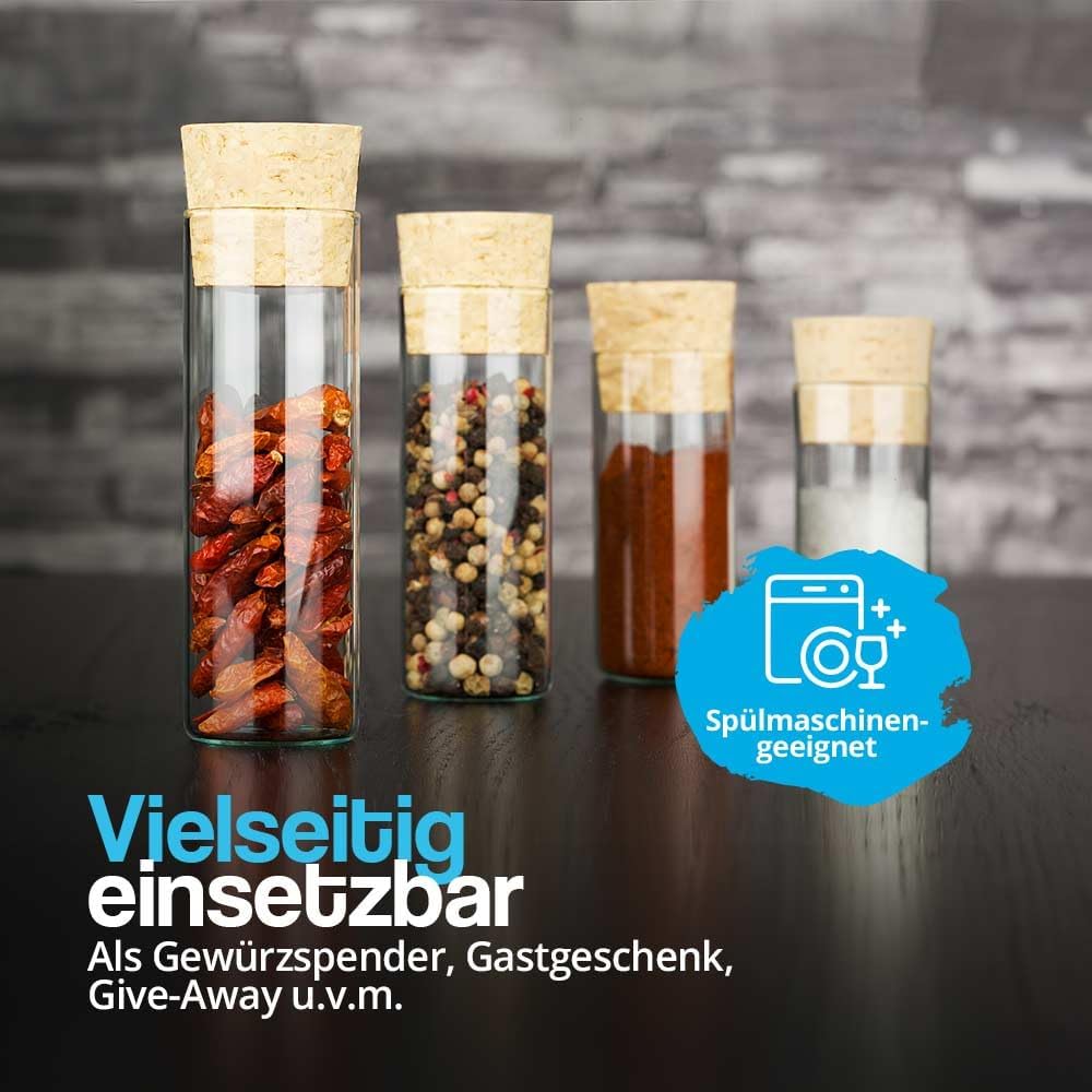 Tuuters 25x Gewürzgläser mit Natur-Korken, kleine Glas-fläschchen für Gewürze (130 x Ø30 mm), 130 x