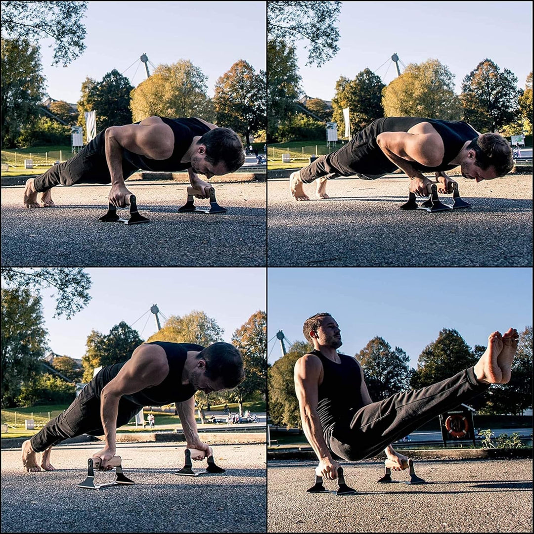 PULLUP & DIP Fitness Equipment Set - Liegestützgriffe mit ergonomischem Holz Griff, Bauchroller mit
