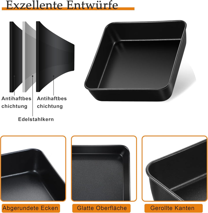 TEAMFAR Quadratisch Auflaufform 2er Set, Edelstahl Brownie Kuchenform Eckig mit Antihaftbeschichtet,