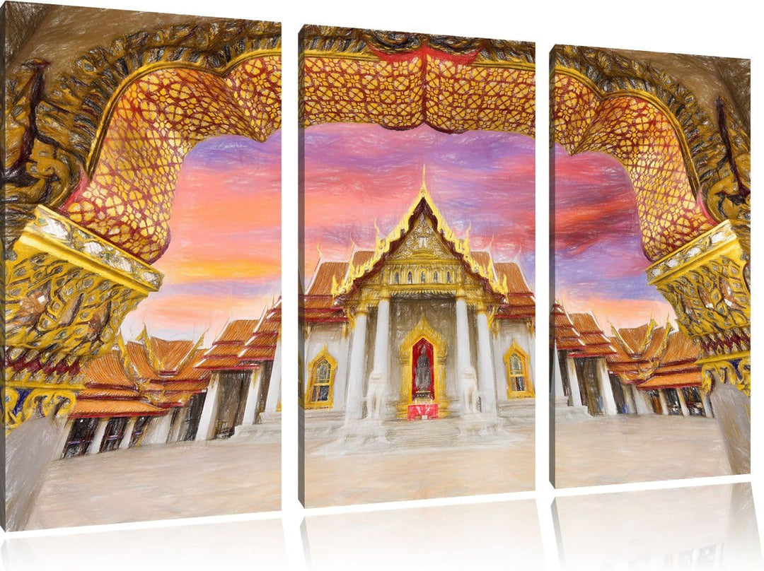 Pixxprint Marmortempel von Bangkok / 3-Teilig/Gesamtmass 120cm Leinwandbild bespannt auf Holzrahmen/