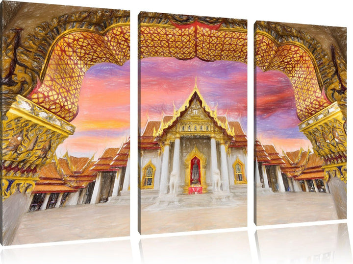 Pixxprint Marmortempel von Bangkok / 3-Teilig/Gesamtmass 120cm Leinwandbild bespannt auf Holzrahmen/