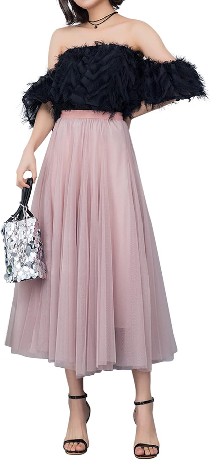 Damen Tüllrock Midi Faltenrock Hoher Bund Schick Rock Elastisch Taille Drapiert Stoff 36-40 Rosa, 36