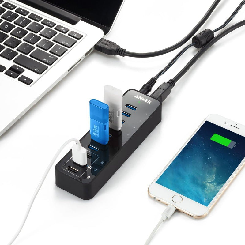 Anker 60W 7-Port USB 3.0 Datenhub mit 3 PowerIQ Ladeports kompatibel mit iPhone, iPad, Samsung, Moto