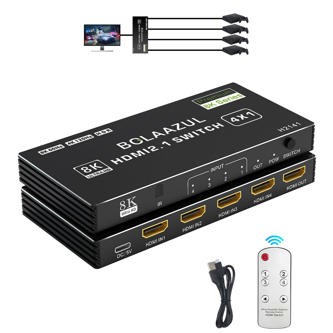 Bolaazul 8K@60Hz HDMI 2.1 Splitter Switcher Box 4-Port mit IR Fernbedienung 4K@120Hz 2K@144Hz, HDR,