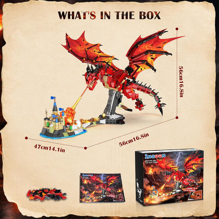 INSOON Feuerdrache Bauspielzeug Technik STEM Set mit Licht für Jungen ab 8+