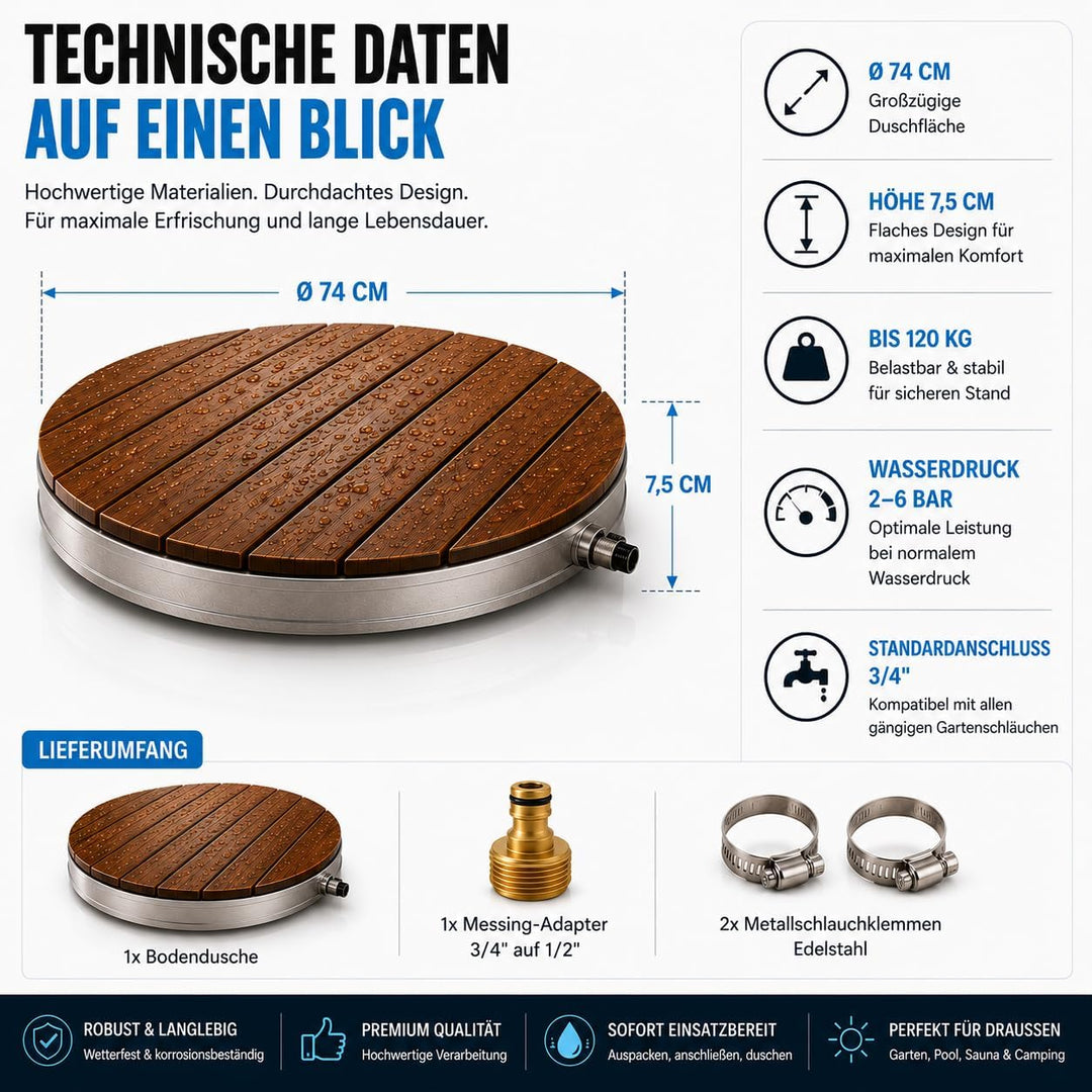 poolomio® Bodendusche Outdoor Ø 74 cm | Premium Gartendusche aus WPC mit 18 Wasserfontänen & bis 4 m
