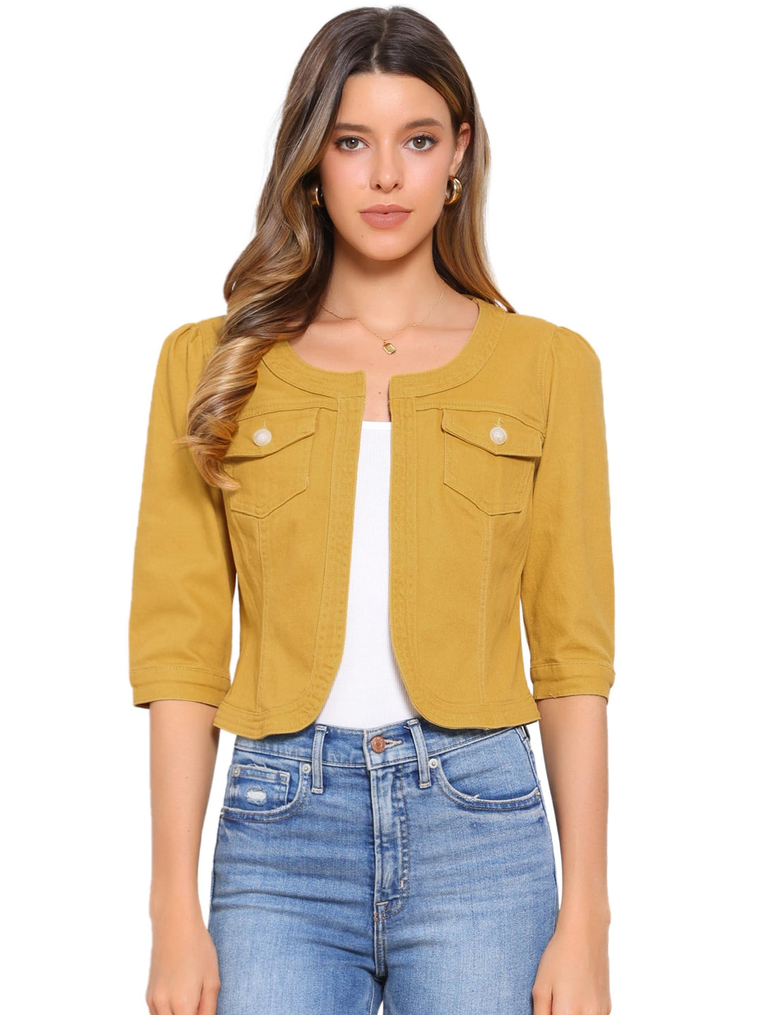 Allegra K Damen Kurze Jeansjacke Kragenlos 3/4 Ärmel Jeansjacken S Gelb, S Gelb