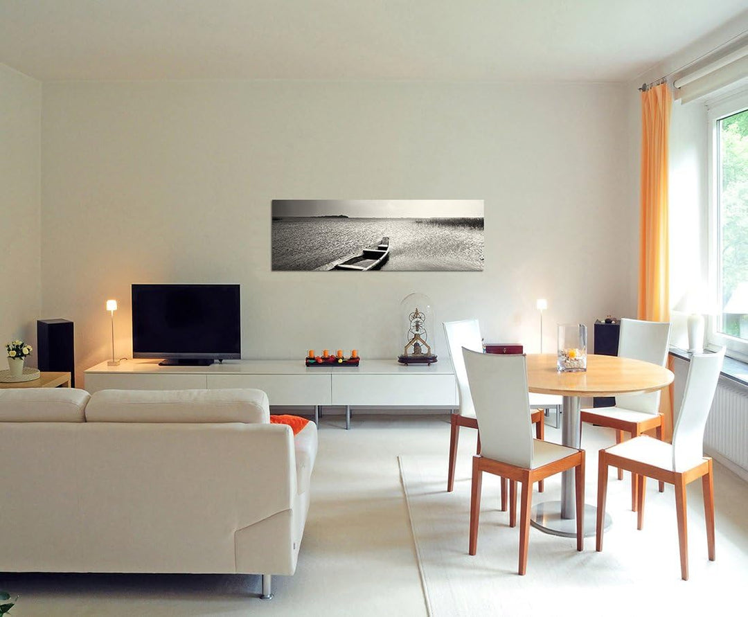 Paul Sinus Art Panorama Bild 150x50cm (Wasser Boot Ruhe schwarz weiss) Exklusives Fotowandbild auf L