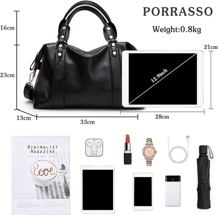 PORRASSO Elegant Handtasche Damen Schultertasche Frauen Henkeltasche Wasserdicht PU Leder Umhängetas