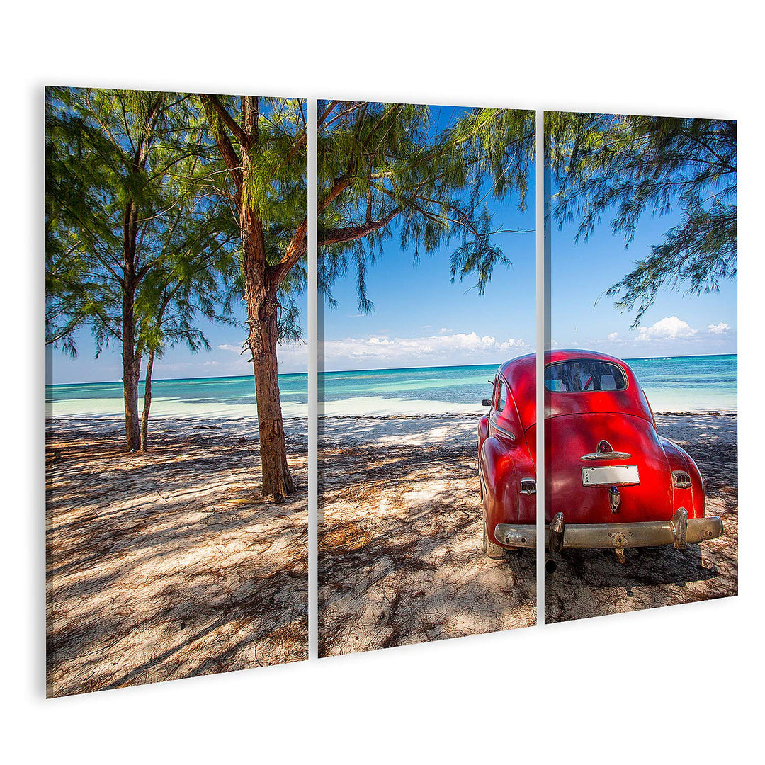 islandburner Bild auf Leinwand Oldtimer Rot Strand Kuba Bilder Wandbilder Poster Leinwand 130x80cm -