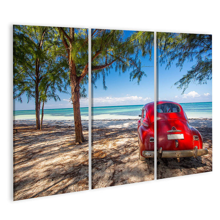 islandburner Bild auf Leinwand Oldtimer Rot Strand Kuba Bilder Wandbilder Poster Leinwand 130x80cm -