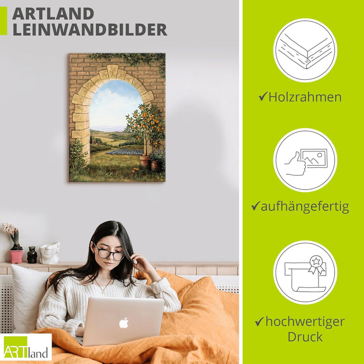 Artland Leinwandbild Wandbild Bild auf Leinwand 60x80 cm Wanddeko Fensterblick Toskana Landschaft It
