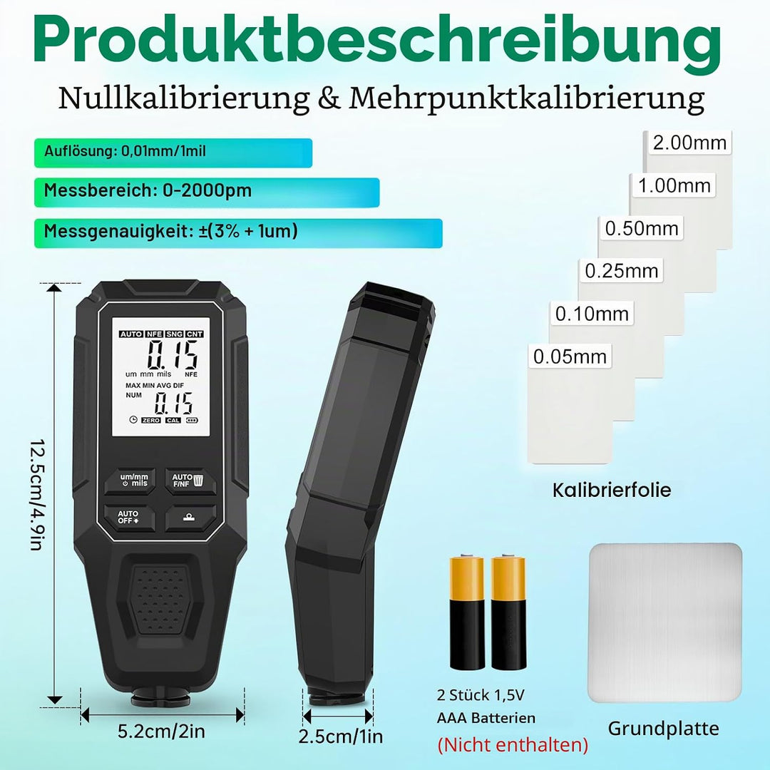 Digitales Schichtdickenmessgerät, Lackschichtenmesser Messbereich 0-2000μm Mit automatischer Basiser