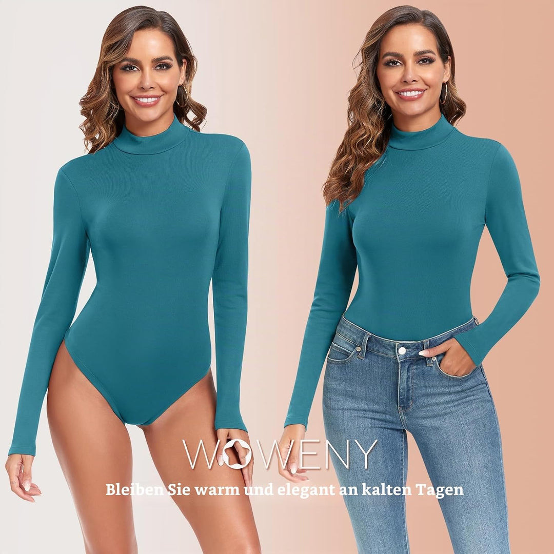 WOWENY Damen Body Langarm mit Stehkragen - Thermo Bodysuit Fleece Oberteile Shirts Rolli Pullover Ro