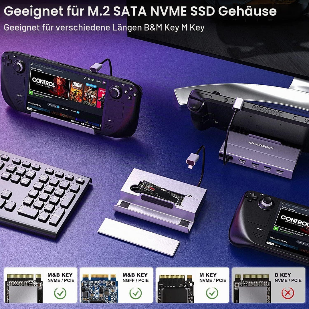 Steam Deck Dock, 7-in-1 Steam Deck Docking Station mit M.2 NVME SSD Gehäuse,HDMI 2.0 4K@60Hz,PD 100W