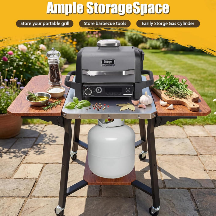 GFTIME Grillwagen mit Edelstahl-Arbeitsplatte, BBQ Wagen mit 2 klappbaren Seitenablagen, Gasflaschen