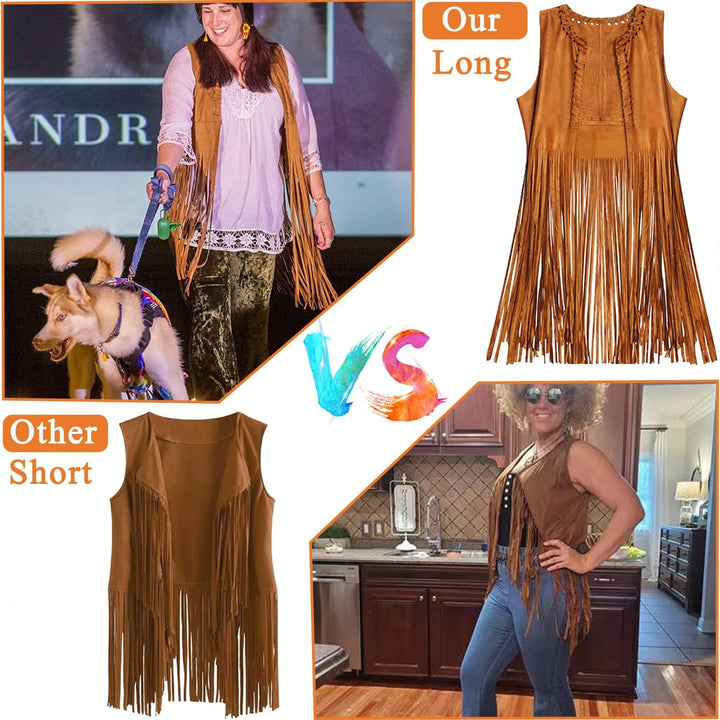 YADODO Hippie Kostüm Damen Set Fransen ärmellos Weste Hippie Kleidung 60er 70er Jahre Bekleidung Dam