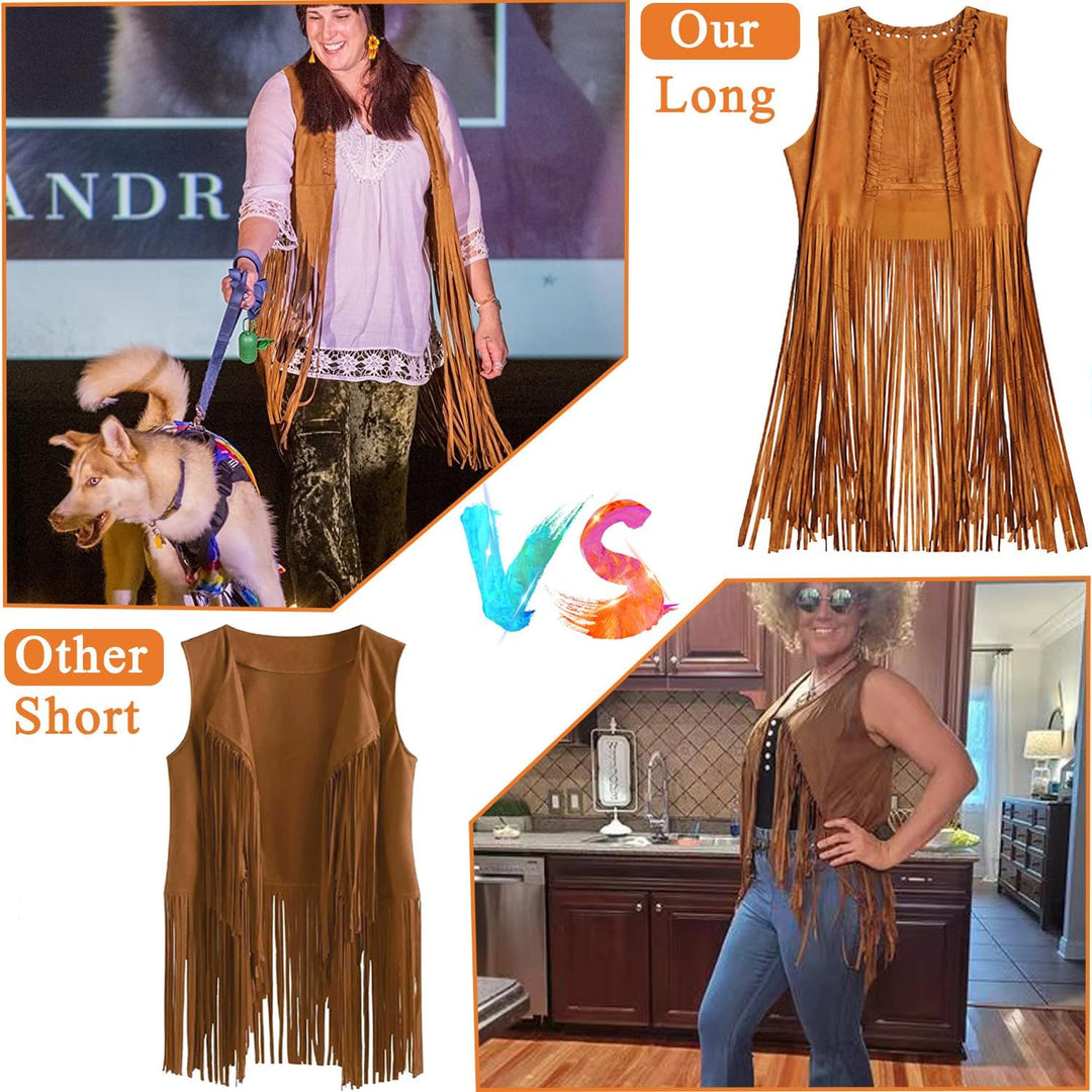 YADODO Hippie Kostüm Damen Set Fransen ärmellos Weste Hippie Kleidung 60er 70er Jahre Bekleidung Dam