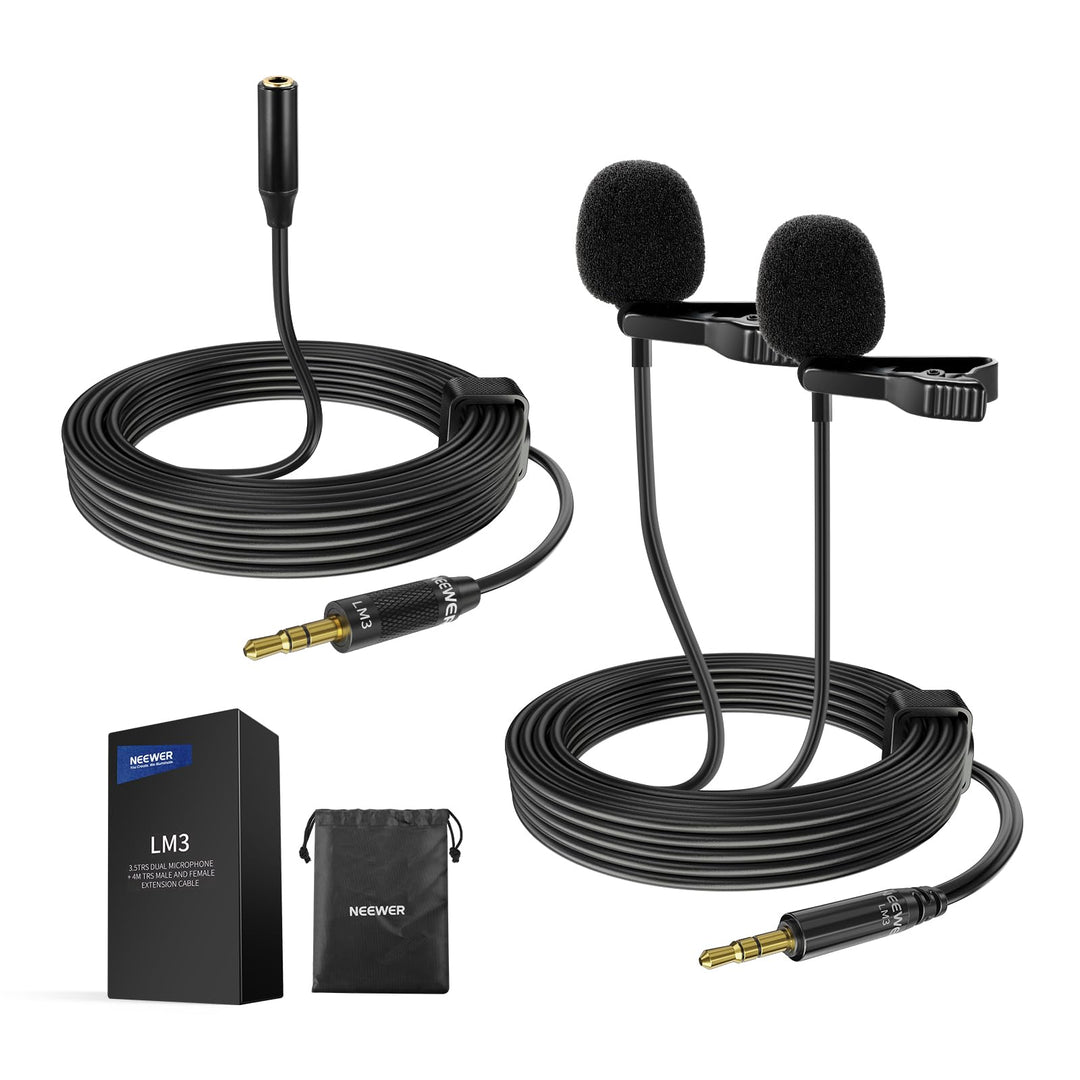 NEEWER 2m Wired Mic, Doppeltes Lavaliermikrofon mit 4m Verlängerungskabel, Mini Ansteckmikrofon, omn