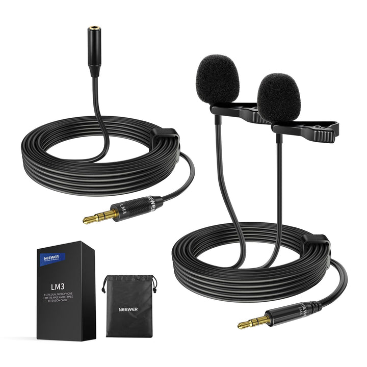 NEEWER 2m Wired Mic, Doppeltes Lavaliermikrofon mit 4m Verlängerungskabel, Mini Ansteckmikrofon, omn