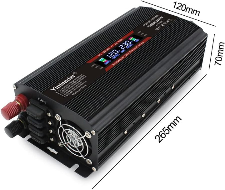 Yinleader 1500W /3000W 12V/24V auf 230V Wechselrichter Big LCD 2 EU Steckdosen 1 USB Spannungswandle