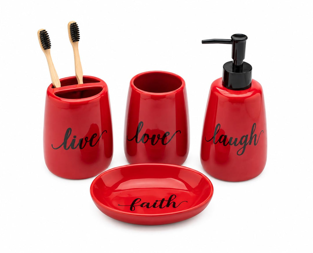 Badezimmer-Zubehör-Set, Keramik, 4-teilig, Zahnbürstenhalter, Seifenspender, Seifenschale, Wäschetro