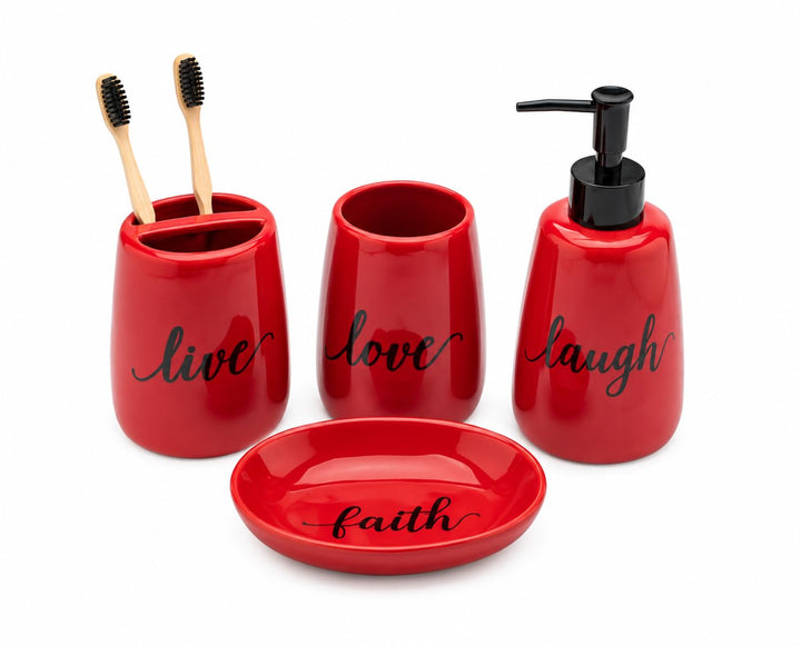 Badezimmer-Zubehör-Set, Keramik, 4-teilig, Zahnbürstenhalter, Seifenspender, Seifenschale, Wäschetro