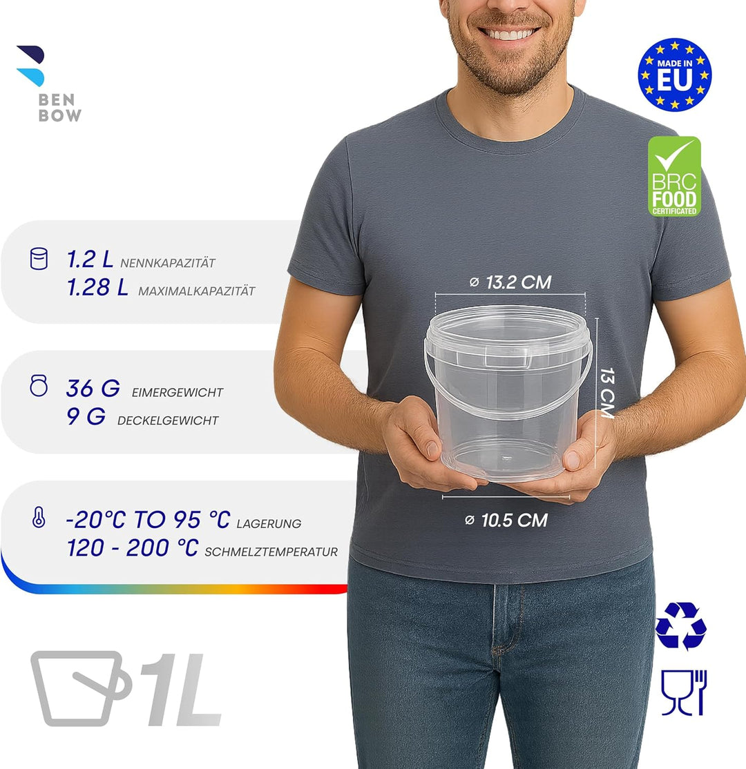 Eimer mit Deckel 100x 1l transparent - lebensmittelecht, stabil, luftdicht - Plastikeimer mit Henkel
