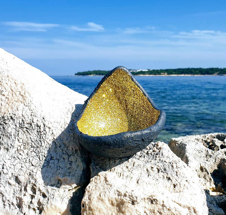 Lichtschale - Glitter - gold - S (15 cm) - Beton schwarz - grau - Unikat handmade - Geburtstagsgesch