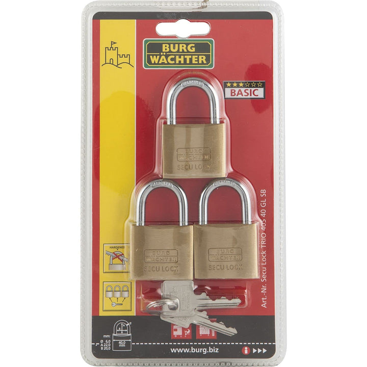 Burg Wächter Zylinder-Vorhangschloss, 3er-Set, 6 mm Bügelstärke, TRIO 405 40 GL SB, Messing