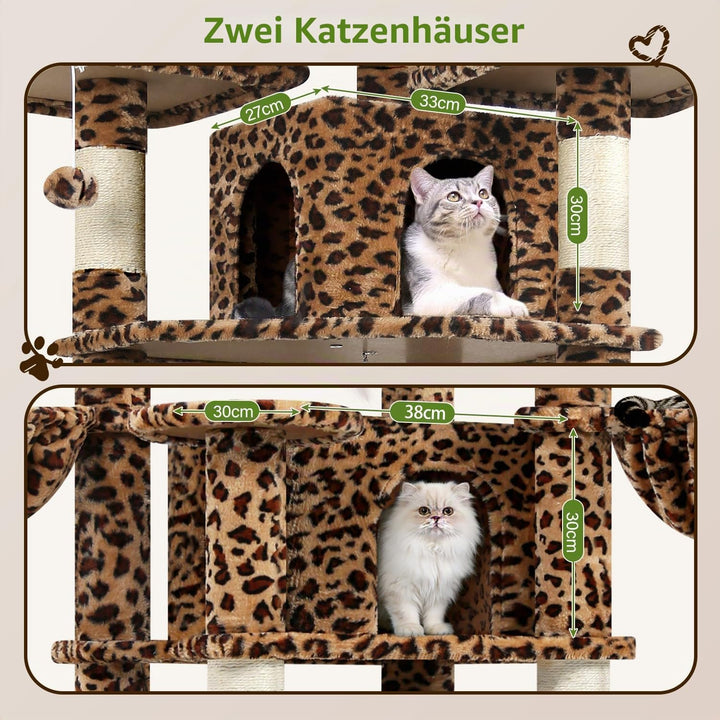 Globlazer Kratzbaum Leoparden Stabil 174 cm mit 3 Gepolsterte Sitzstangen, 2 Katzenhaus, 2 Korb, Abn