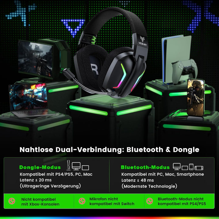 WG1 Bluetooth Headset, 2,4G Gaming Headset Wireless mit Mikrofon für PS5, PS4, PC, Mac, Faltbarer Su
