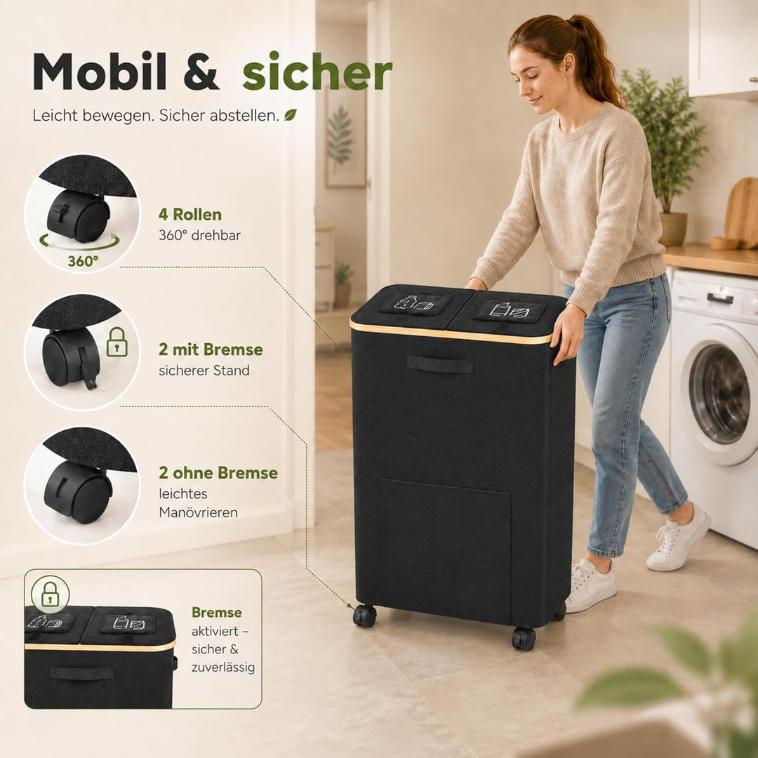 160L Leergut Sammelbehälter mit 2 Fächer, Pfandflaschen Sammelbehälter mit Rollen, Pfandbehälter mit