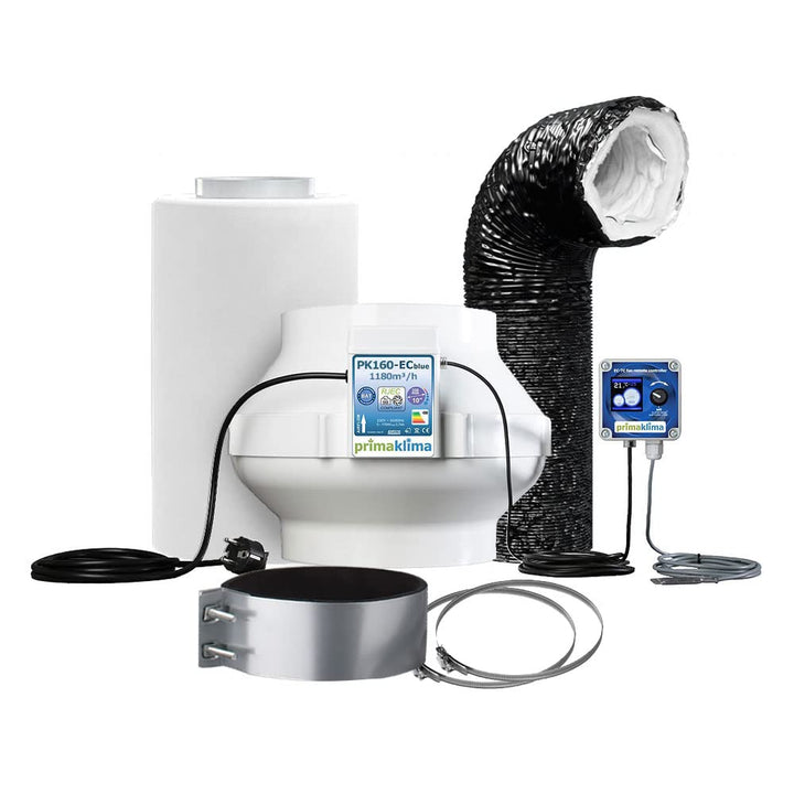 GrowPRO Lüftungsset Silent Digital 1180 m3/h mit Temperatursteuerung inkl. Aktivkohlefilter und EC-R