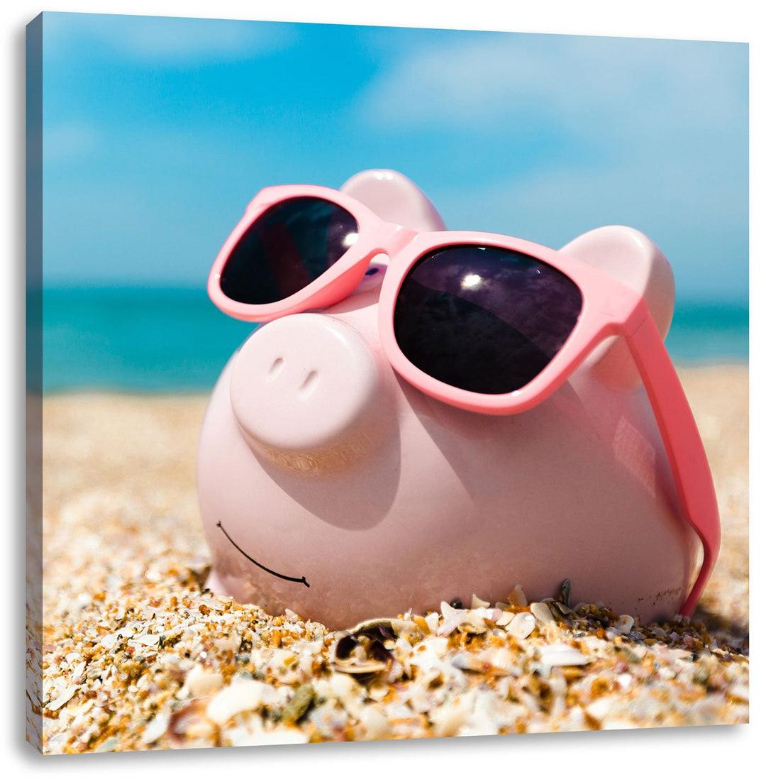 Schweinchen am Strand, Format: 70x70 auf Leinwand, XXL riesige Bilder fertig gerahmt mit Keilrahmen,