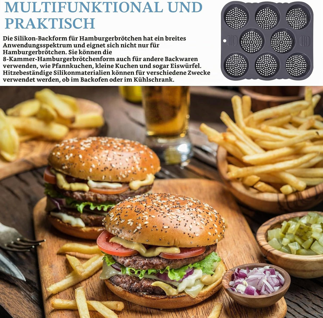 Silikon Backform für Burger Buns | Antihaft 8 Kavität Hamburger Brötchen Form | Wiederverwendbare Bu