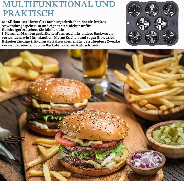 Silikon Backform für Burger Buns | Antihaft 8 Kavität Hamburger Brötchen Form | Wiederverwendbare Bu