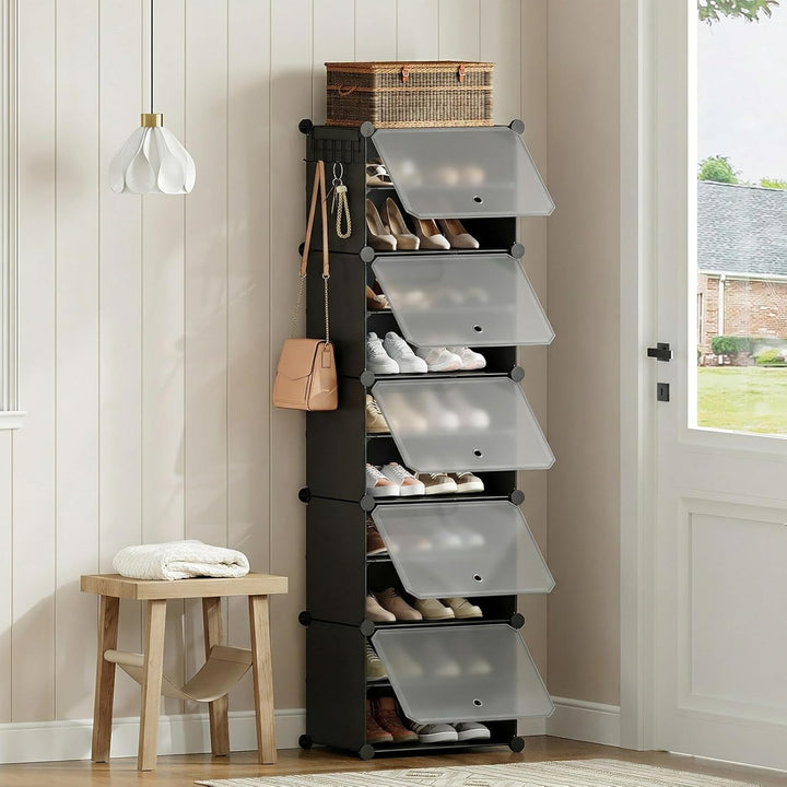 HOOBRO Schuhregal mit 10 Ebenen, Schmal Schuhschrank, Schuh-Organizer, mit Türen, Kunststoff, DIY St